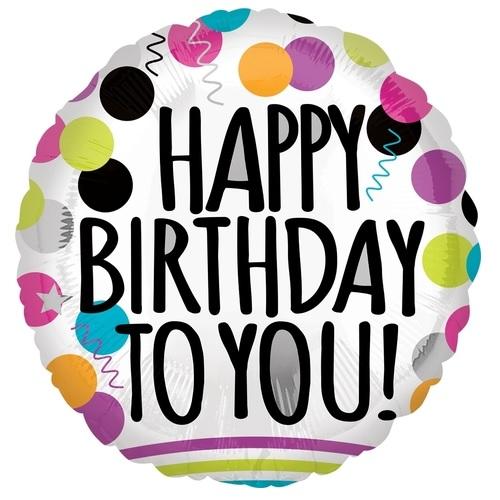 Happy Birthday to You Polka Dot Foil Balloon, 18 Inch shown as a product reference for birthday celebrations, with its themed design visible.