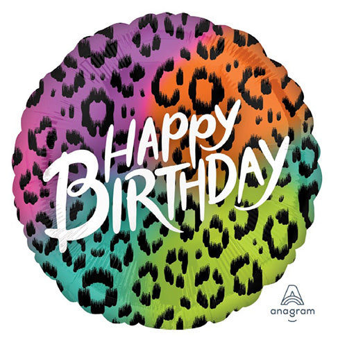 Rainbow Leopard Happy Birthday Foil Balloon, 18 Inch shown as a product reference for birthday celebrations, with its themed design visible.
