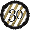 30th milestone birthday foil balloon with a black and gold glitter-effect printed design shown as a product reference for birthday celebrations, with its themed design visible.