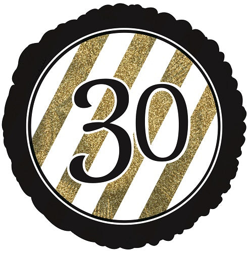 30th milestone birthday foil balloon with a black and gold glitter-effect printed design shown as a product reference for birthday celebrations, with its themed design visible.