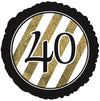 40th milestone birthday foil balloon with a black and gold glitter-effect printed design shown as a product reference for birthday celebrations, with its themed design visible.