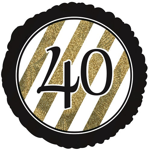 40th milestone birthday foil balloon with a black and gold glitter-effect printed design shown as a product reference for birthday celebrations, with its themed design visible.