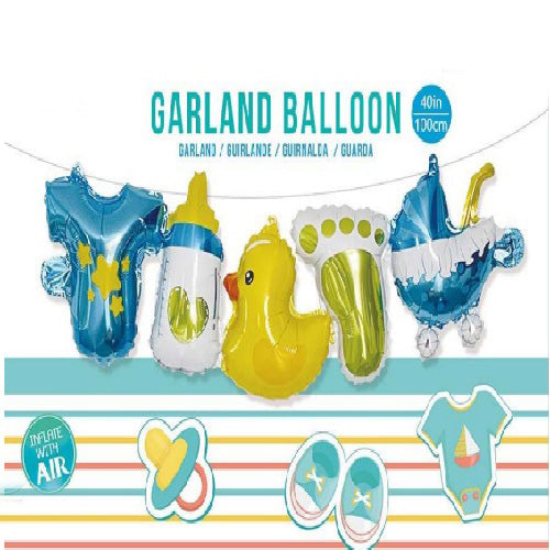 5 Foil Balloons Baby Boy Arrival Wall Banner shown in an additional product reference image for a welcome baby celebration and family photo display