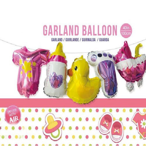 5 Foil Balloons Baby Girl Arrival Wall Banner shown in an additional product reference image for a welcome baby celebration and family photo display