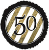 50th milestone birthday foil balloon with a black and gold glitter-effect printed design shown as a product reference for birthday celebrations, with its themed design visible.