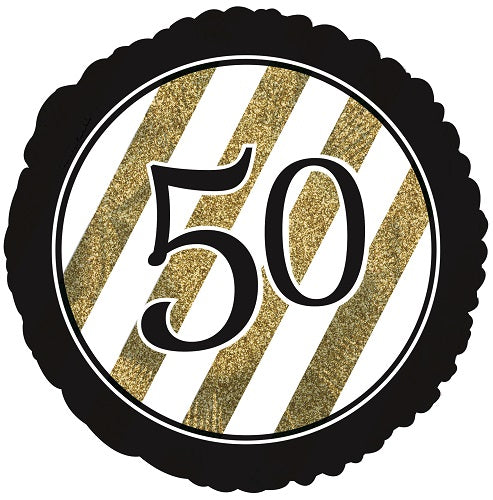 50th milestone birthday foil balloon with a black and gold glitter-effect printed design shown as a product reference for birthday celebrations, with its themed design visible.