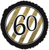 60th milestone birthday foil balloon with a black and gold glitter-effect printed design shown as a product reference for birthday celebrations, with its themed design visible.