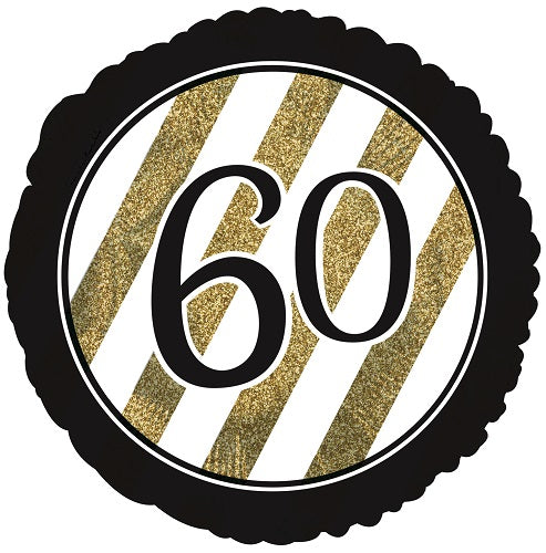 60th milestone birthday foil balloon with a black and gold glitter-effect printed design shown as a product reference for birthday celebrations, with its themed design visible.