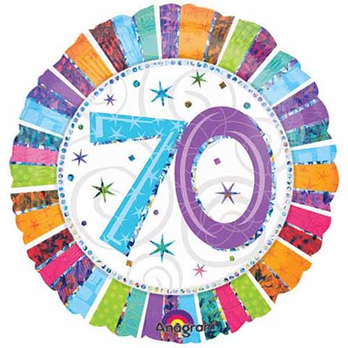70th milestone birthday foil balloon with a black and gold glitter-effect printed design shown as a product reference for birthday celebrations, with its themed design visible.