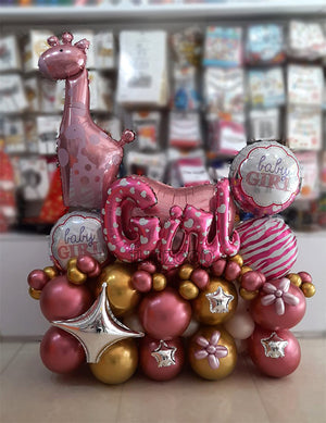 Baby Girl Arrival Giraffe Balloons Centerpiece with Heart