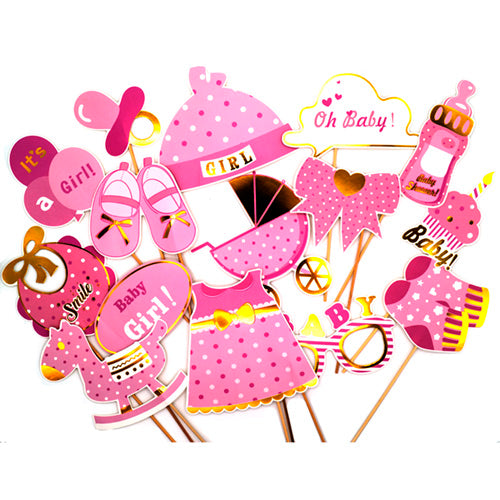 Baby Girl Arrival photo booth props set with assorted baby themed celebration accessories for welcome baby photography from Funzoop The Party Shop