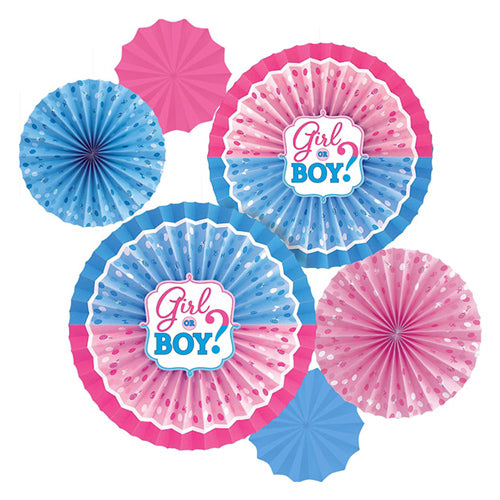 Baby GIRL or BOY? Party Hanging Fans Decoration Set (6 Assorted Round Paper Fans) sold by Funzoop - The Party Shop