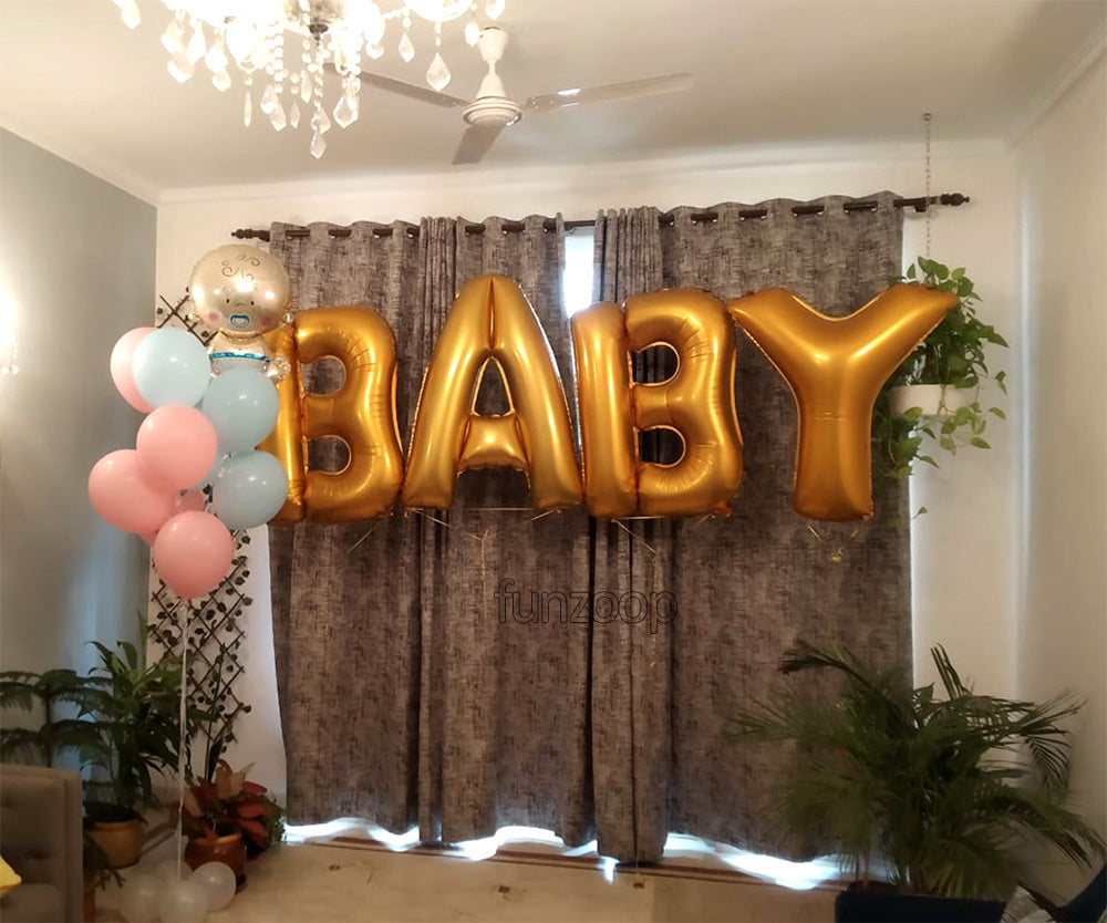 BABY SHOWER DECOR WITH LARGE HELIUM B-A-B-Y FOIL LETTERS