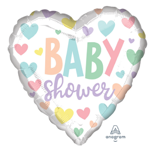 Baby Shower Heart Foil Balloon, 18 Inch shown as a product reference for baby showers and welcome-baby celebrations, with its themed design visible.