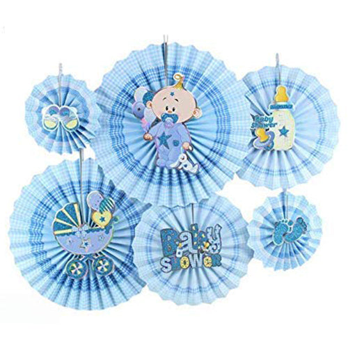 Baby Shower Party Hanging Fans Decoration Set (6 Assorted Round Paper Fans) - Blue sold by Funzoop - The Party Shop
