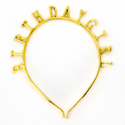 Gold Birthday Girl plastic headband with metallic lettering, providing a role accessory for the guest of honour's birthday portraits and celebration photographs.