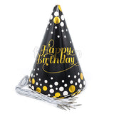 Black glossy polka birthday caps with gold and white dot pattern from Funzoop The Party Shop