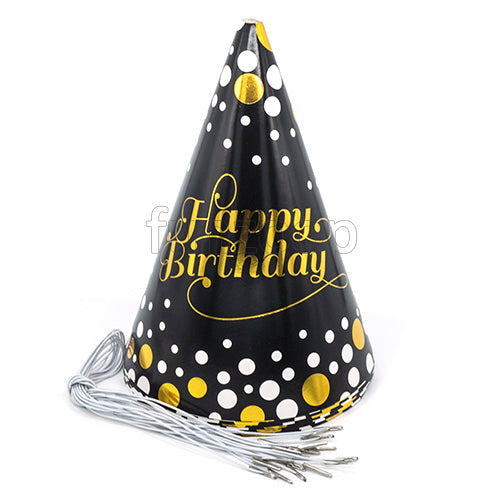 Black glossy polka birthday caps with gold and white dot pattern from Funzoop The Party Shop