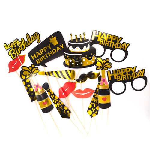 Happy Birthday Party Props Set (15 pcs) - Black/ Golden