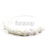 White Bloomy Rose flower crown with polyester flowers and ribbon detailing, providing an adjustable floral headpiece for bridal and garden portraits.