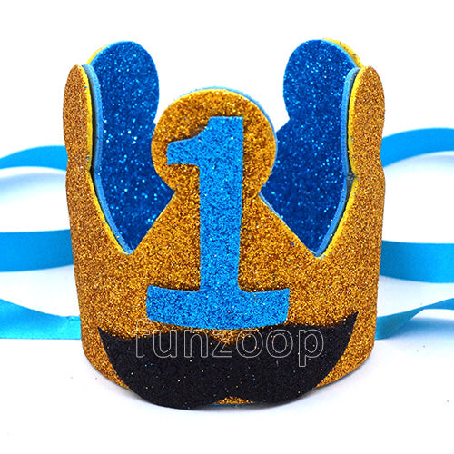 First birthday blue mustache crown for boys with decorative birthday design from Funzoop The Party Shop
