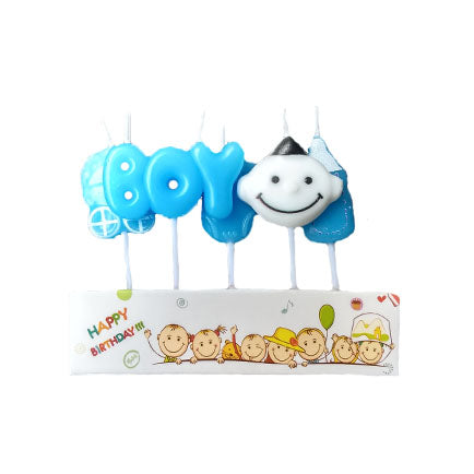 Boy smiley birthday candle set with colorful character designs for cake decoration