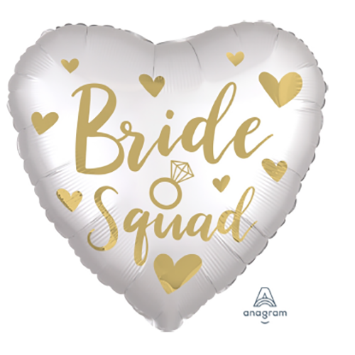 Bride Squad Heart Foil Balloon, 18 Inch shown as a product reference for bridal showers and hen-party celebrations, with its themed design visible.