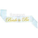 Bride to be satin sash in white with rose gold text for bachelorette parties from Funzoop The Party Shop