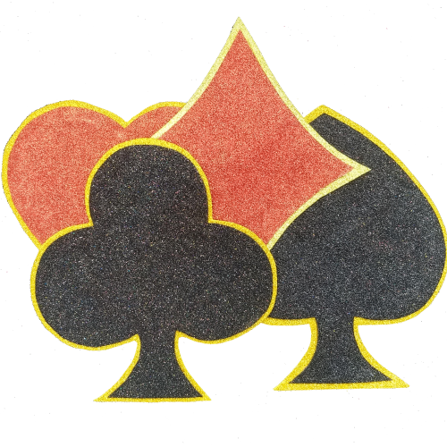 Casino table mats shown overlapping in playing card suit shapes, with red and black textured centres outlined by gold borders.