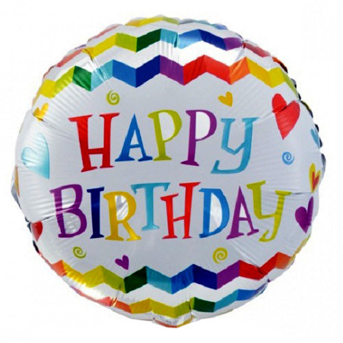 Chevron Happy Birthday Foil Balloon, Multicolour, 18 Inch shown as a product reference for birthday celebrations, with its themed design visible.