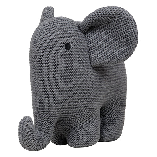 Pluchi elephant soft toy in grey melange, with the elephant character presented in a knitted fabric design.