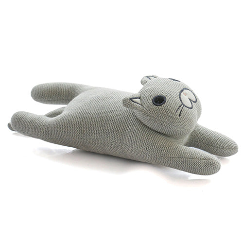Pluchi Flying Cat soft toy in vanilla grey, showing the cat-shaped character with a knitted cotton fabric finish.