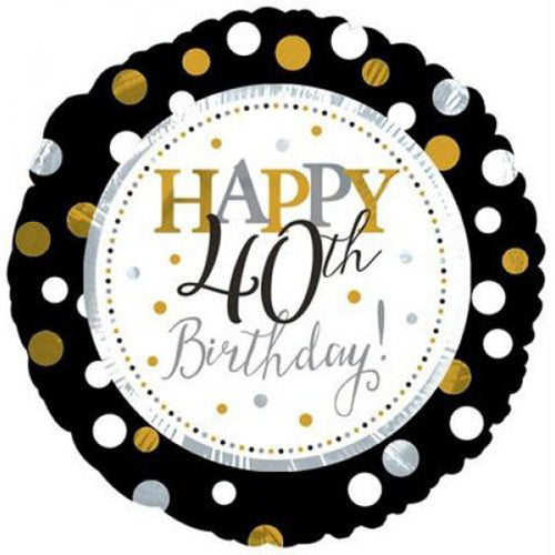 40th Birthday Foil Balloon, 18 Inch shown as a product reference for birthday celebrations, with its themed design visible.