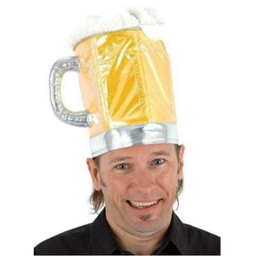 Plush beer-mug novelty hat with yellow, white and brown details and a foamy top, presented as adult costume party headwear.