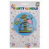 Blue round number 1 first birthday cake candle in packaging