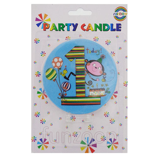 Blue round number 1 first birthday cake candle in packaging