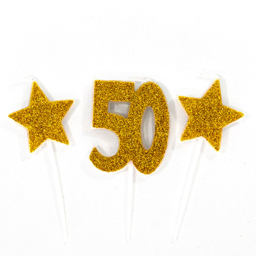 Gold glitter number 50 cake candle with star accents