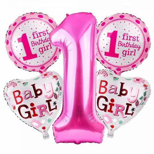 Pink first birthday girl foil balloon bouquet with number 1, round and heart balloons shown in the uninflated pack option for a themed celebration table and party photo display