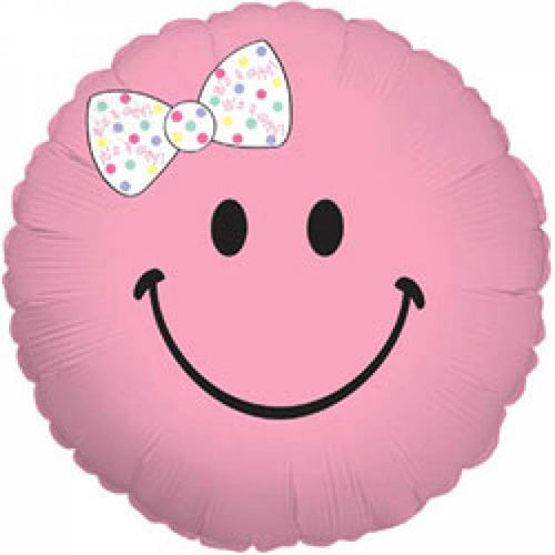 Girl Smiley Face Hair Bow Foil Balloon, 18 Inch shown as a product reference for themed parties and celebration displays, with its themed design visible.
