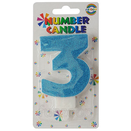 Glitter Wax Number Cake Candle, Digits 0-9, Blue / Number Digit 3