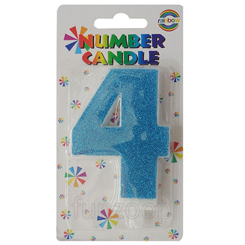 Glitter Wax Number Cake Candle, Digits 0-9, Blue / Number Digit 4