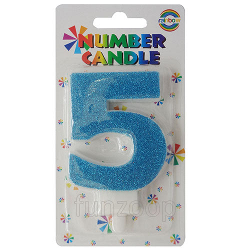 Glitter Wax Number Cake Candle, Digits 0-9, Blue / Number Digit 5