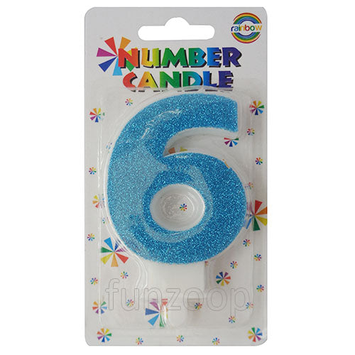 Glitter Wax Number Cake Candle, Digits 0-9, Blue / Number Digit 6