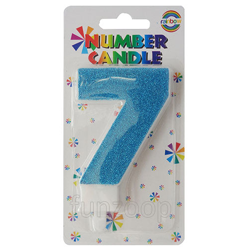 Glitter Wax Number Cake Candle, Digits 0-9, Blue / Number Digit 7