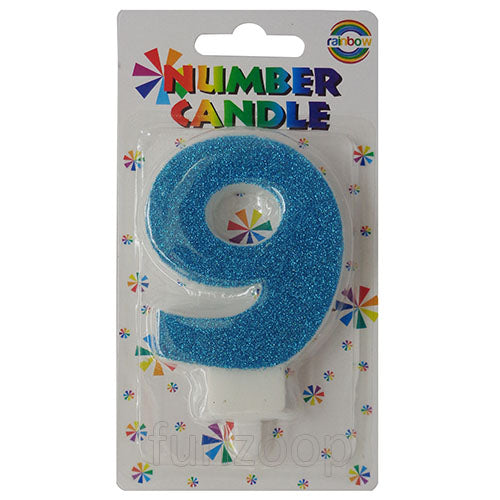 Glitter Wax Number Cake Candle, Digits 0-9, Blue / Number Digit 9