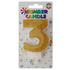Glitter Wax Number Cake Candle, Digits 0-9, Golden / Number Digit 3