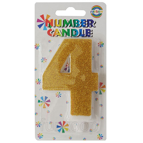 Glitter Wax Number Cake Candle, Digits 0-9, Golden / Number Digit 4