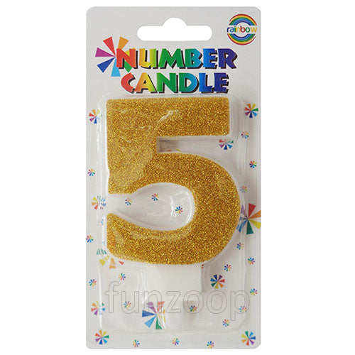 Glitter Wax Number Cake Candle, Digits 0-9, Golden / Number Digit 5