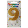 Glitter Wax Number Cake Candle, Digits 0-9, Golden / Number Digit 9