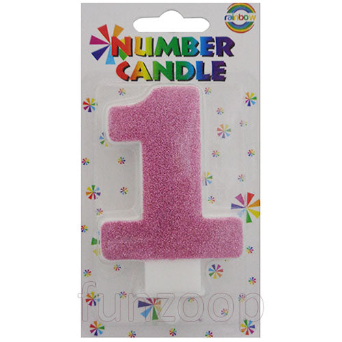 Glitter Wax Number Cake Candle, Digits 0-9, Pink / Number Digit 1